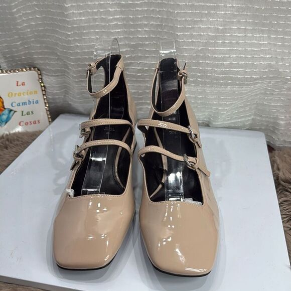 (A2) Zara Beige/Tan Multi Strap Square Toe Patent Leather Mary Jane Shoes,US40/9 - Picture 3 of 13